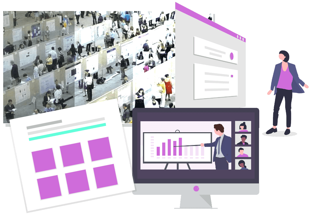 photo of in-person poster session, transitioning to online format